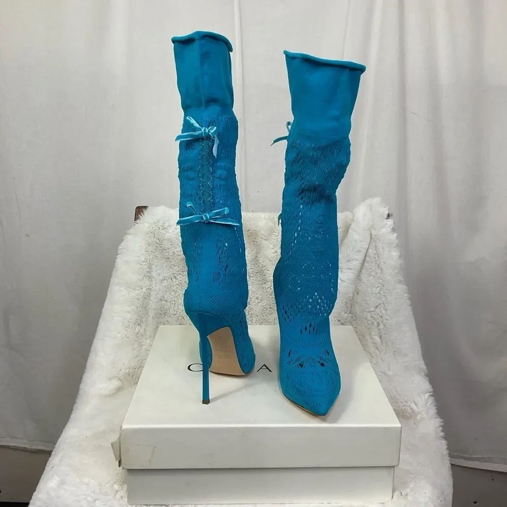 NEW Casadei Women's Blue Knee-High Knit Lace Bow Boots Size 35 US 5 - Picture 5 of 15